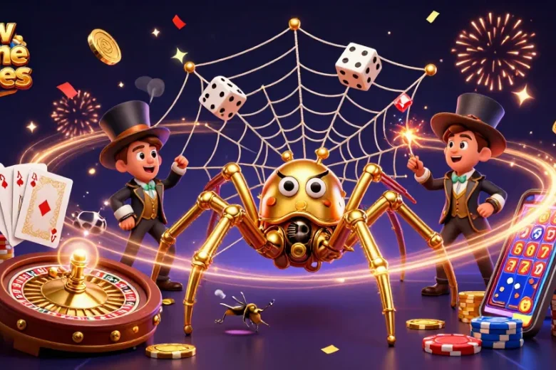 Spin the latest new online pokies, featuring a golden spider and vibrant casino elements.